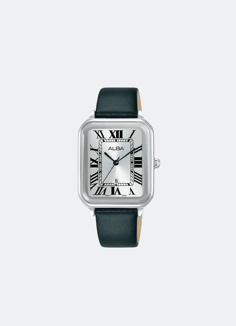 Jam Tangan Alba Alba Silver Dial Black Leather 29x40.5 mm AH7DX7