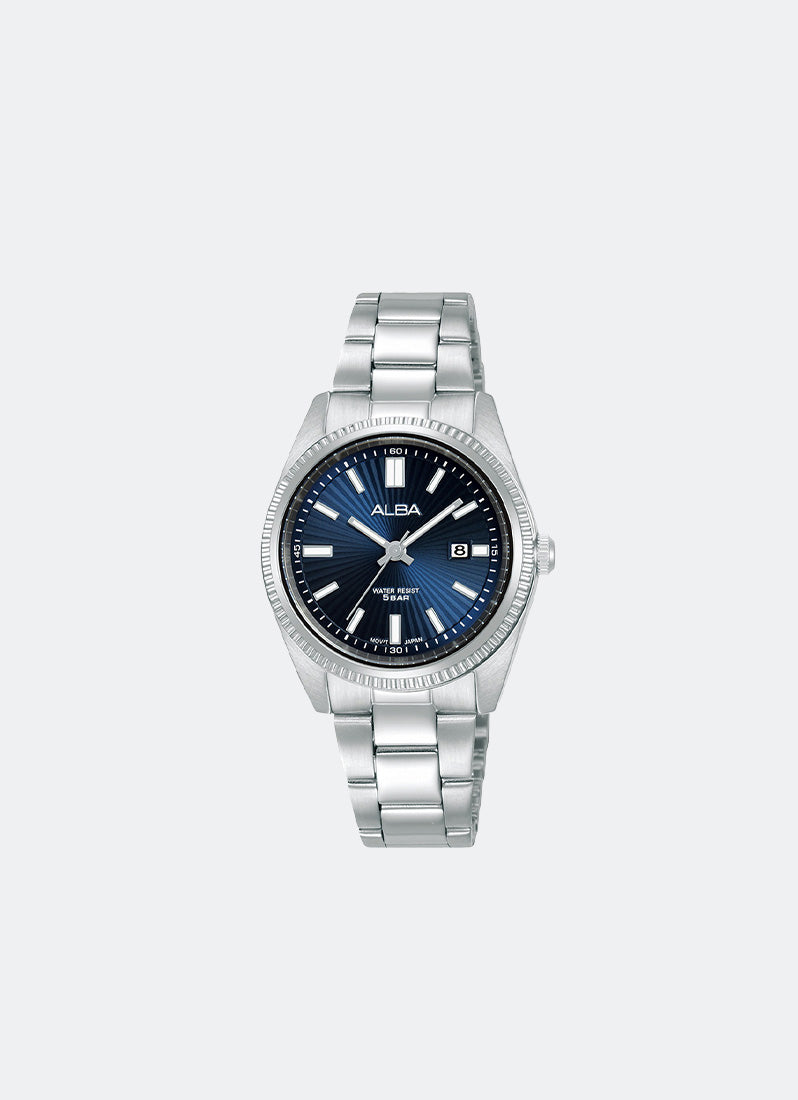 Jam Tangan Alba Blue Pattern Dial Silver Bracelet 30.2mm AH7CL1