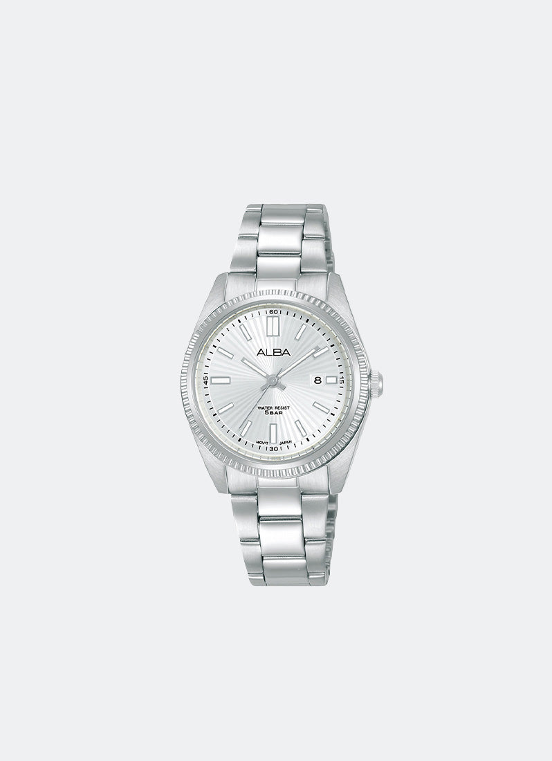 Jam Tangan Alba Silver White Pattern Dial Silver Bracelet 30.2mm AH7CL3