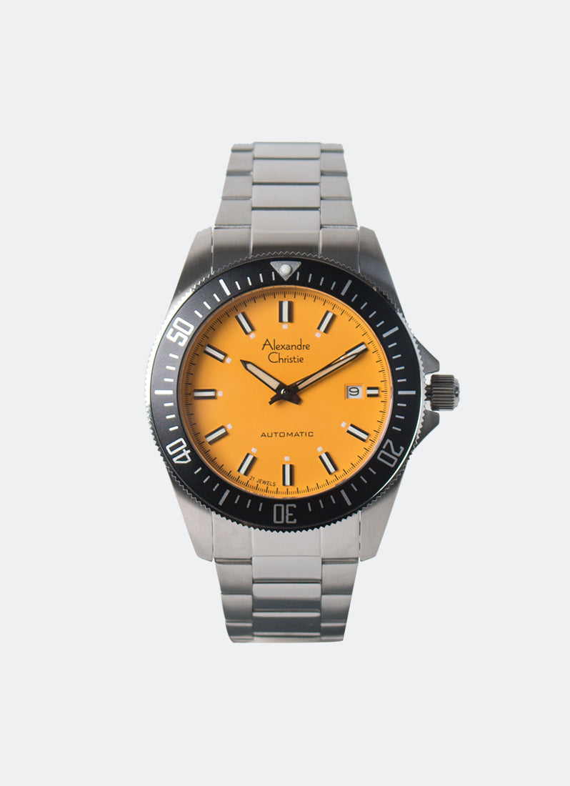 Jam Tangan Alexandre Christie Automatic Men Band Date Silver Yellow Dial 42 mm AC6676MABSSYL