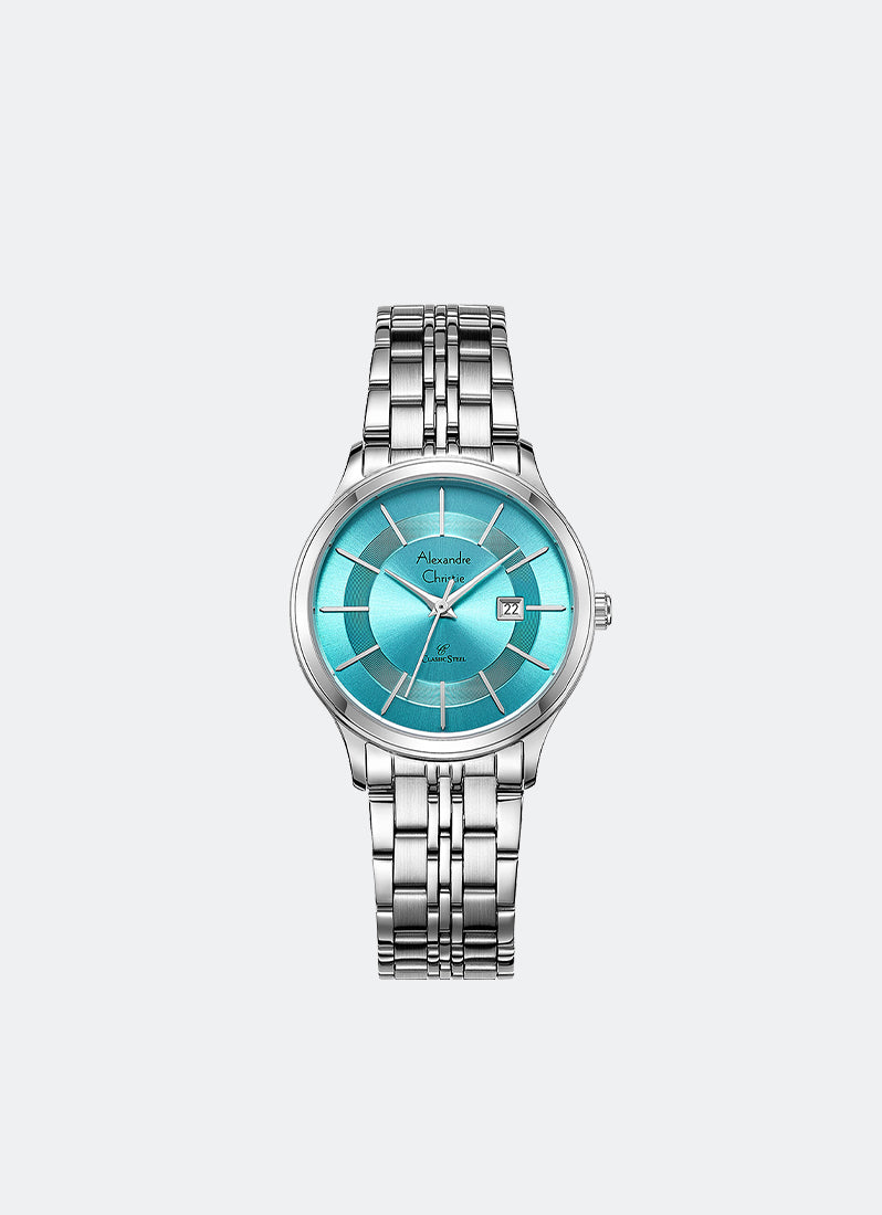 Jam Tangan Alexandre Christie Classic Steel Ladies Band Date Silver Blue Dial 31mm AC8348LDBSSLB