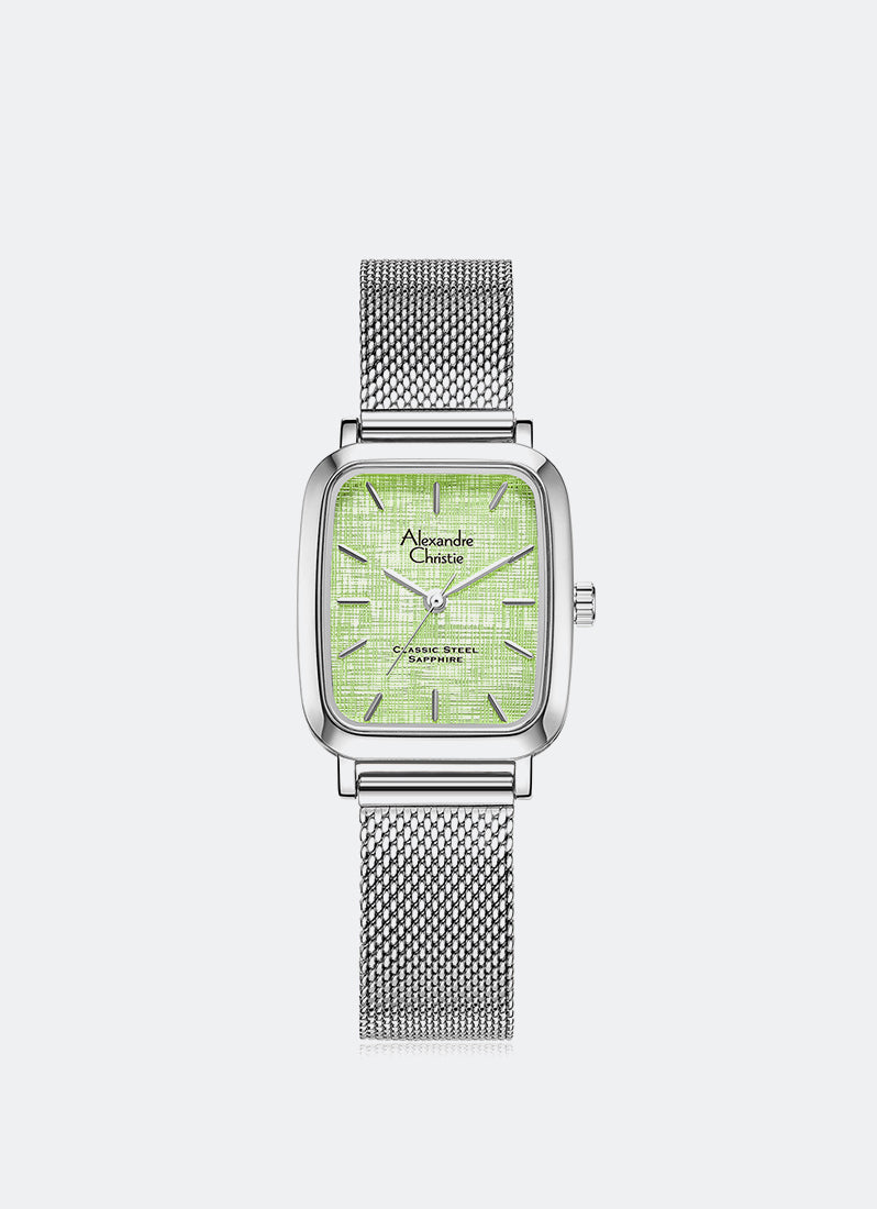 Jam Tangan Alexandre Christie Classic Steel Ladies Band Quartz Silver Green Dial 24 mm x 34 mm AC8699LHBSSLE