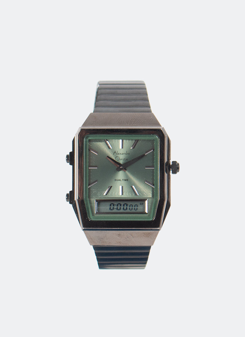 Jam Tangan Alexandre Christie DiGi Ladies Band Analog Digital Black Green Dial 34mm AC2B37LHBIGGN