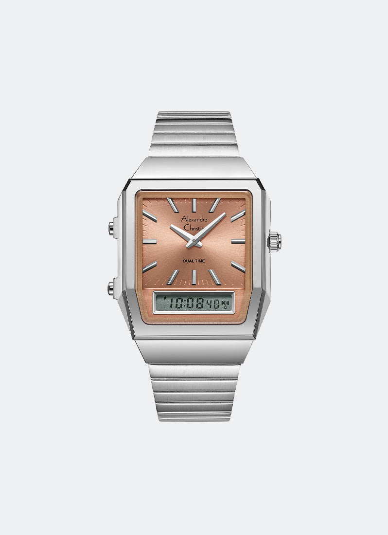 Jam Tangan Alexandre Christie DiGi Ladies Band Analog Digital Silver Orange Dial 34mm AC2B37LHBSSOR
