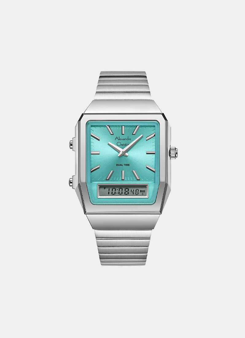Jam Tangan Alexandre Christie DiGi Ladies Band Analog Digital Silver Turquoise Dial 34mm AC2B37LHBSSLB
