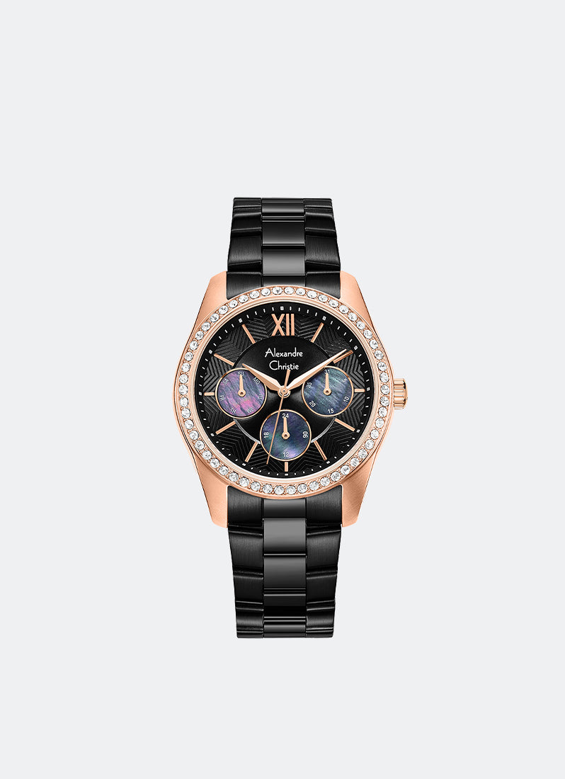 Jam Tangan Alexandre Christie Ladies Passion Boyfriend Band Multifunction Rose Gold Black Dial