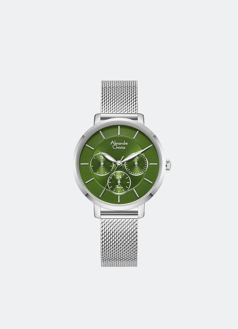Jam Tangan Alexandre Christie Ladies Passion Boyfriend Band Multifunction Silver Green Dial