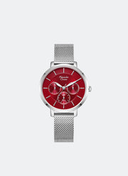 Jam Tangan Alexandre Christie Ladies Passion Boyfriend Band Multifunction Silver Red Dial