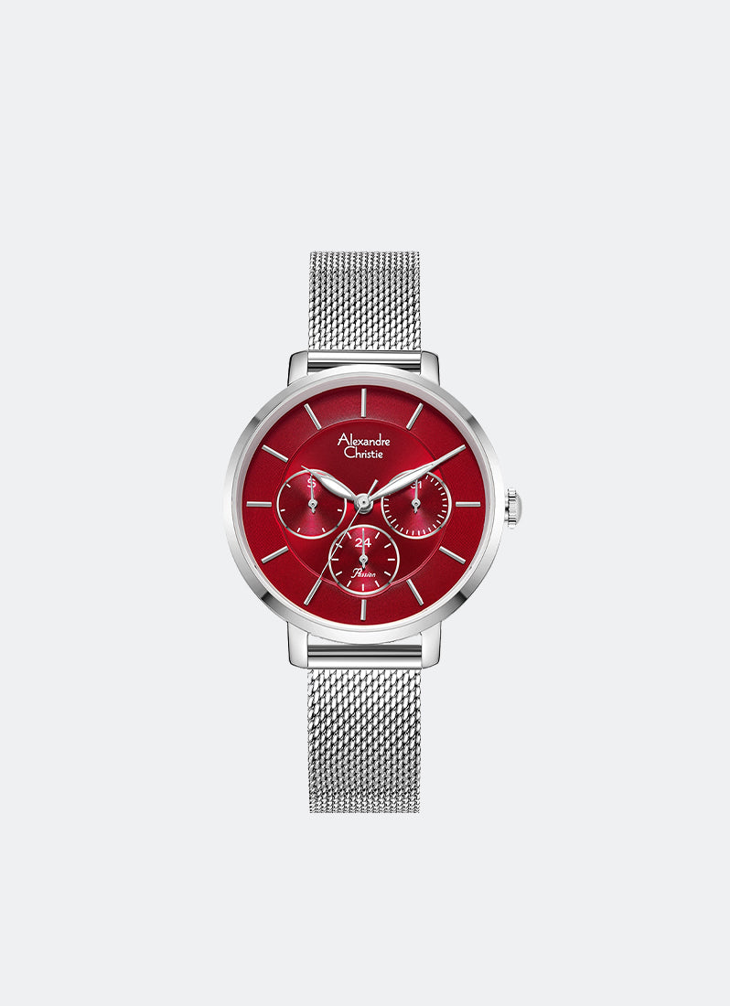 Jam Tangan Alexandre Christie Ladies Passion Boyfriend Band Multifunction Silver Red Dial