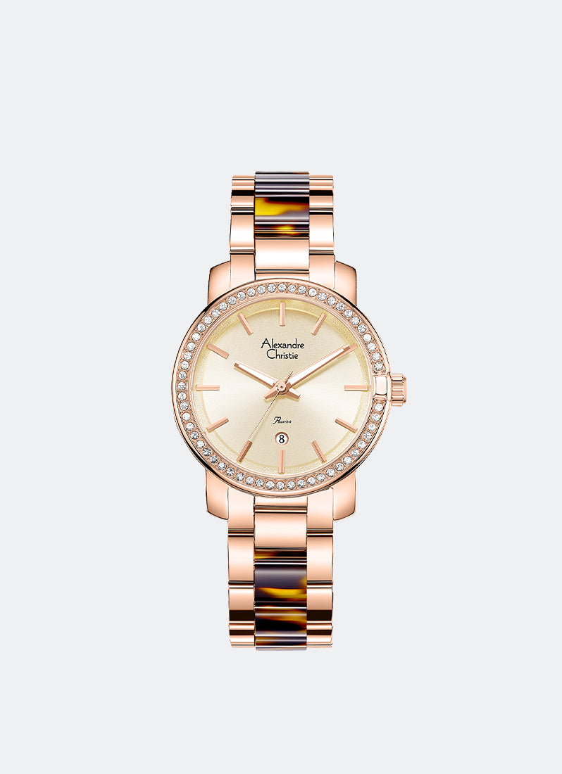 Jam Tangan Alexandre Christie Ladies Passion Ladies Band Date Rose Gold Ivory Dial