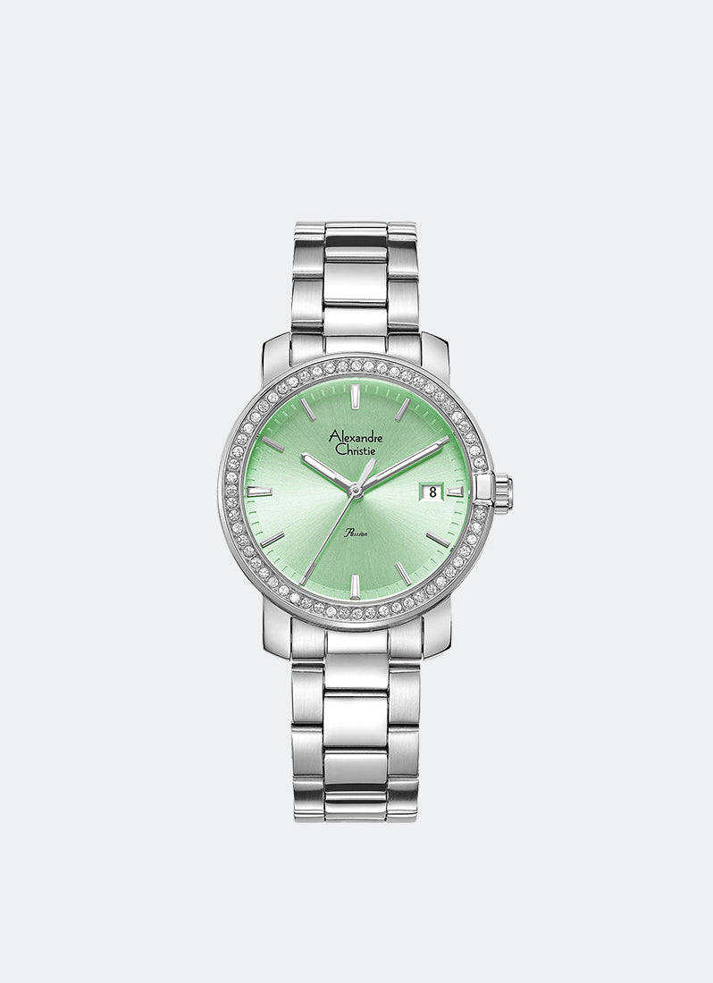 Jam Tangan Alexandre Christie Ladies Passion Ladies Band Date Silver Light Green Dial 34mm AC2B23LDBSSLE2
