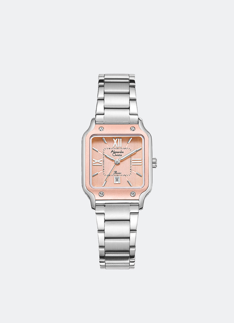 Jam Tangan Alexandre Christie Ladies Passion Ladies Band Date Silver Peach Dial 26 x 34.5mm AC2B69LDBSSRG