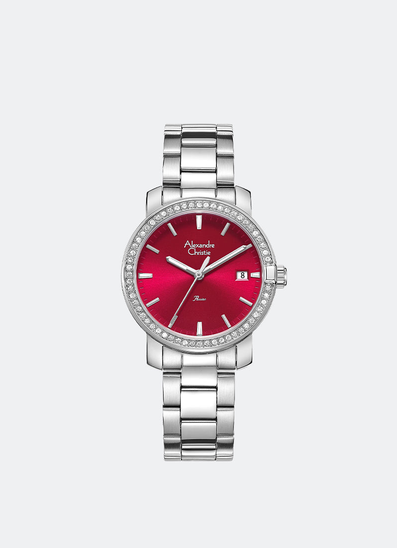 Jam Tangan Alexandre Christie Ladies Passion Ladies Band Date Silver Red Dial 34mm AC2B23LDBSSRE2