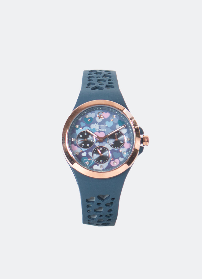 Jam Tangan Alexandre Christie Multifunction Boyfriend Band Multifunction Rose Gold Blue Dial 36mm AC2B04BFRRGBU