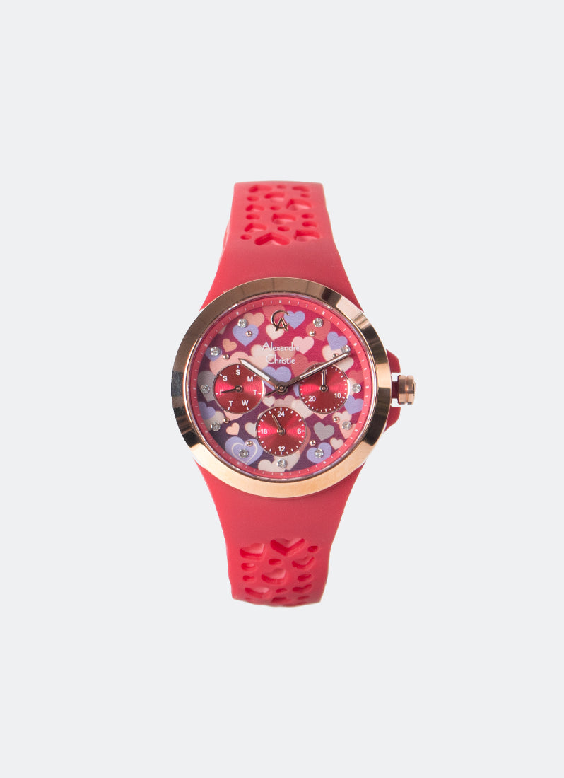 Jam Tangan Alexandre Christie Multifunction Boyfriend Band Multifunction Rose Gold Red Dial 36mm AC2B04BFRRGRE