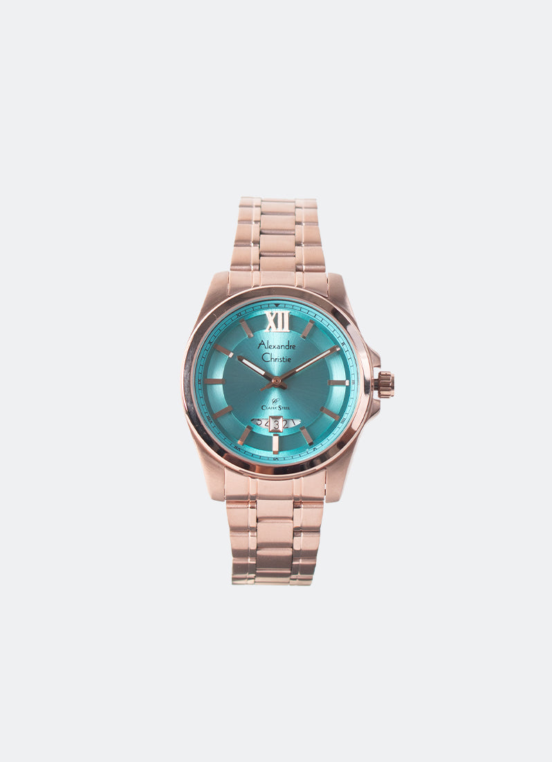 Jam Tangan Alexandre Christie Pair Ladies Band Date Rose Gold Turquoise Dial 31mm AC8659LDBRGLB