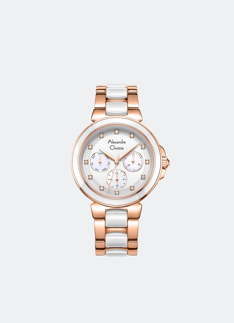 Jam Tangan Alexandre Christie Passion Boyfriend Band Multifunction Rose Gold White Dial 36mm AC2B02BFBRGSL