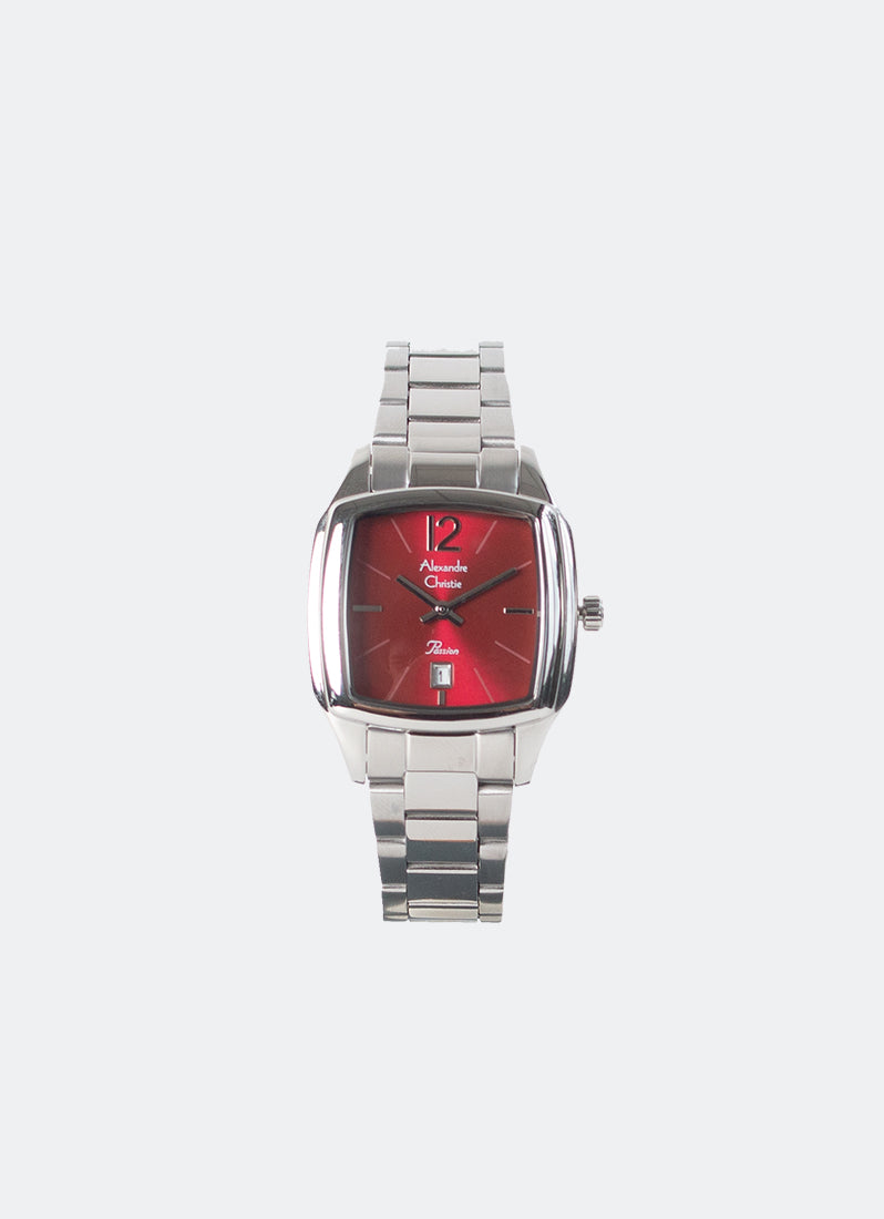 Jam Tangan Alexandre Christie Passion Ladies Band Date Silver Red Dial 29 x 37mm AC2454LDBSSDR
