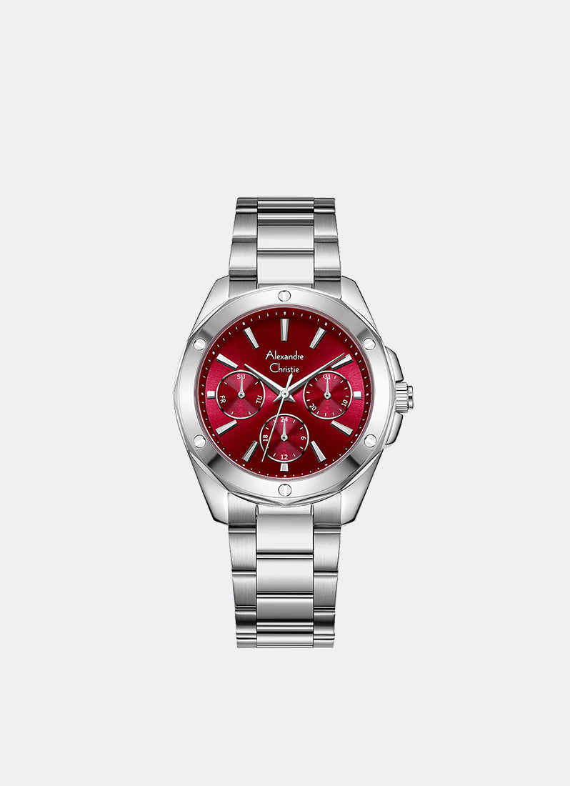 Jam Tangan Alexandre Christie Passion Ladies Band Multifunction Silver Red Dial 36mm AC2A72BFBSSRE