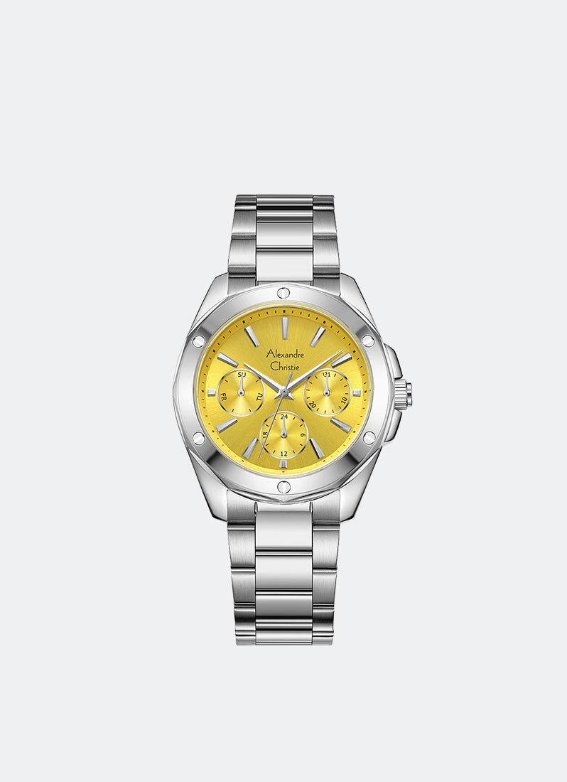 Jam Tangan Alexandre Christie Passion Ladies Band Multifunction Silver Yellow Dial 36mm AC2A72BFBSSYL
