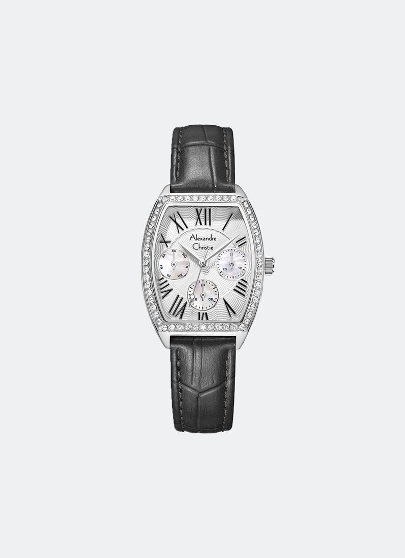 Jam Tangan Alexandre Christie Passion Ladies Silver & White Dial Black Leather Strap 29mm x 39mm AC2B86BFLSSSLBA