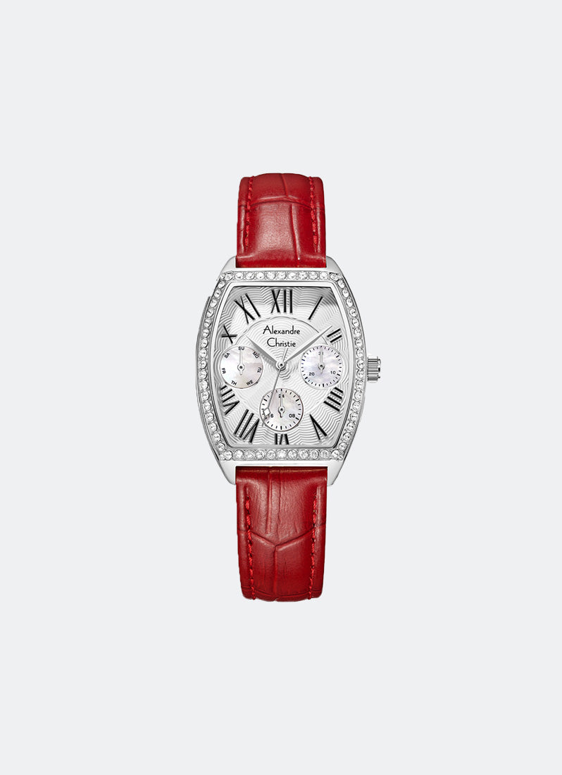 Jam Tangan Alexandre Christie Passion Ladies Silver & White Dial Red Leather Strap