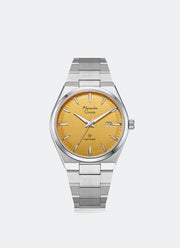 Jam Tangan Alexandre Christie Sapphire Men Band Date Silver Yellow Dial 39 mm AC8697MDBSSYL