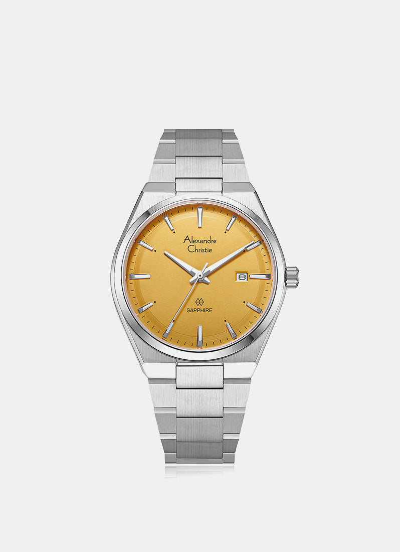 Jam Tangan Alexandre Christie Sapphire Men Band Date Silver Yellow Dial 39 mm AC8697MDBSSYL