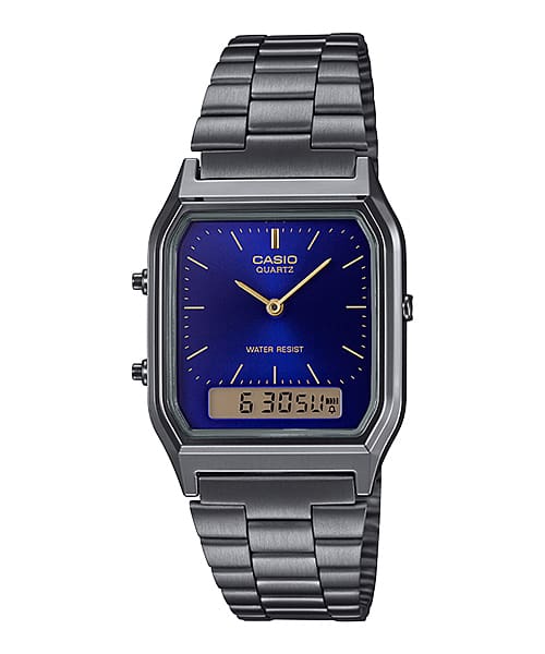 Jam Tangan Casio Digital Analog Blue Dial Black Stainless Steel Strap 29.8mm Unisex AQ-230GG-2ADF