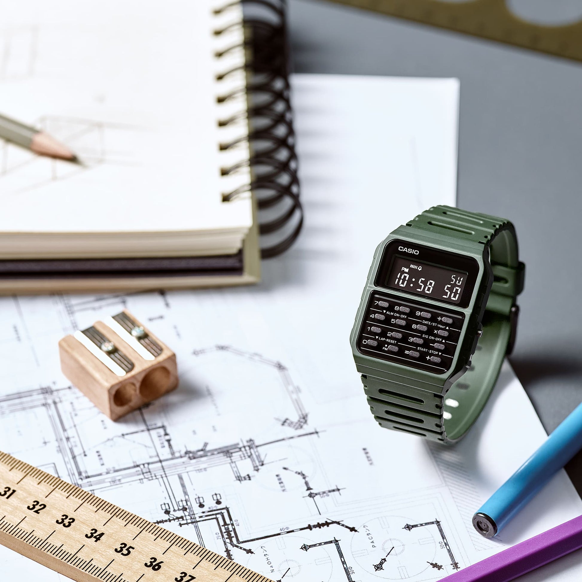Jam Tangan Casio Digital Green Resin Strap 34.4mm Men CA-53WF-3BDF