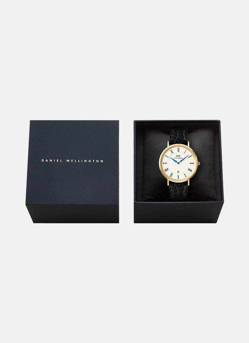 Jam Tangan Daniel Wellington Classic Roman Numerals Date Black Croc Belly Gold (40mm) DW00100915