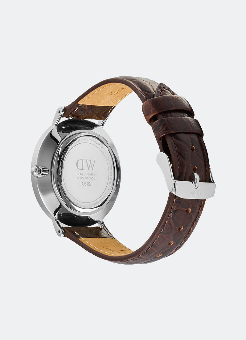 Jam Tangan Daniel Wellington Classic Roman Numerals Date Dark Brown Croc Belly Silver (40mm) DW00100911