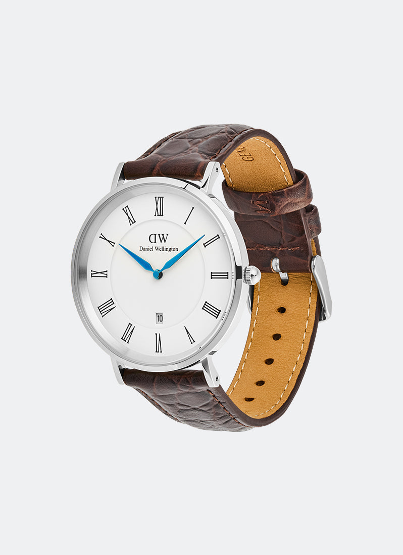 Jam Tangan Daniel Wellington Classic Roman Numerals Date Dark Brown Croc Belly Silver (40mm) DW00100911