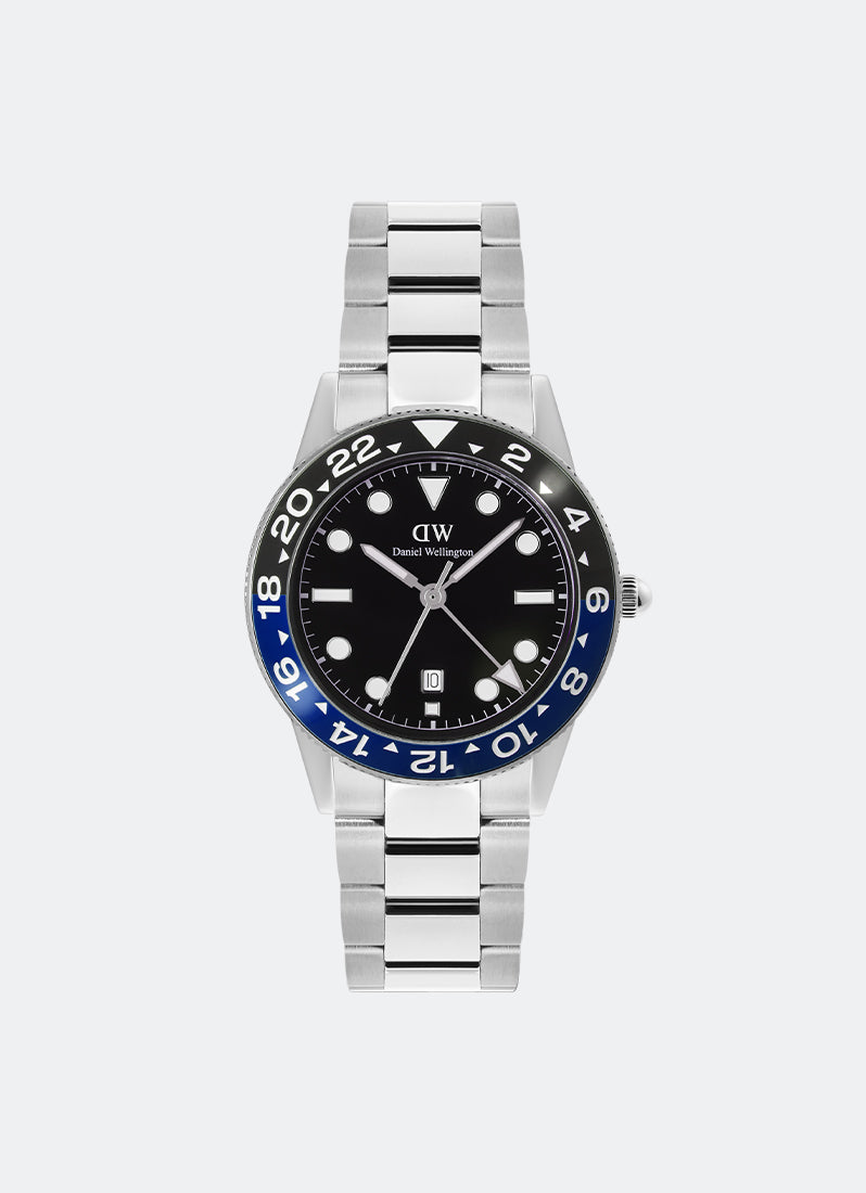 Jam Tangan Daniel Wellington Iconic GMT Link Black Blue Ceramic Bezel Silver (40mm) DW00100921
