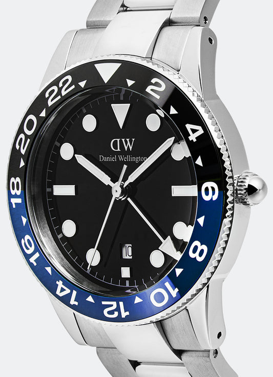Jam Tangan Daniel Wellington Iconic GMT Link Black Blue Ceramic Bezel Silver (40mm) DW00100921
