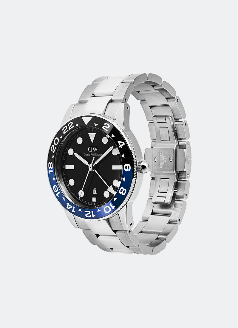 Jam Tangan Daniel Wellington Iconic GMT Link Black Blue Ceramic Bezel Silver (40mm) DW00100921
