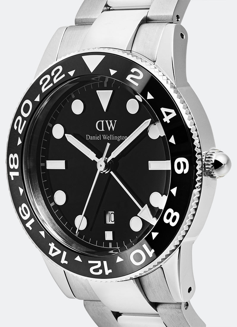 Jam Tangan Daniel Wellington Iconic GMT Link Black Ceramic Bezel Silver (40mm) DW00100919