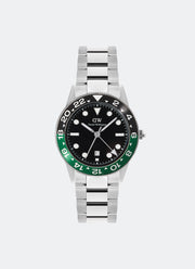 Jam Tangan Daniel Wellington Iconic GMT Link Black Green Ceramic Bezel Silver (40mm) DW00100920 