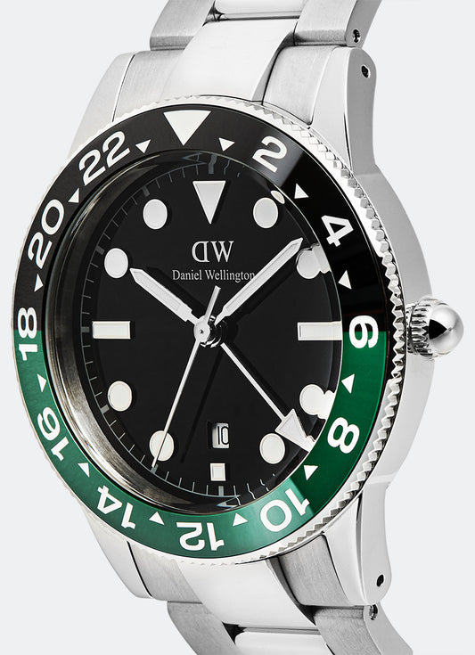 Jam Tangan Daniel Wellington Iconic GMT Link Black Green Ceramic Bezel Silver (40mm) DW00100920 