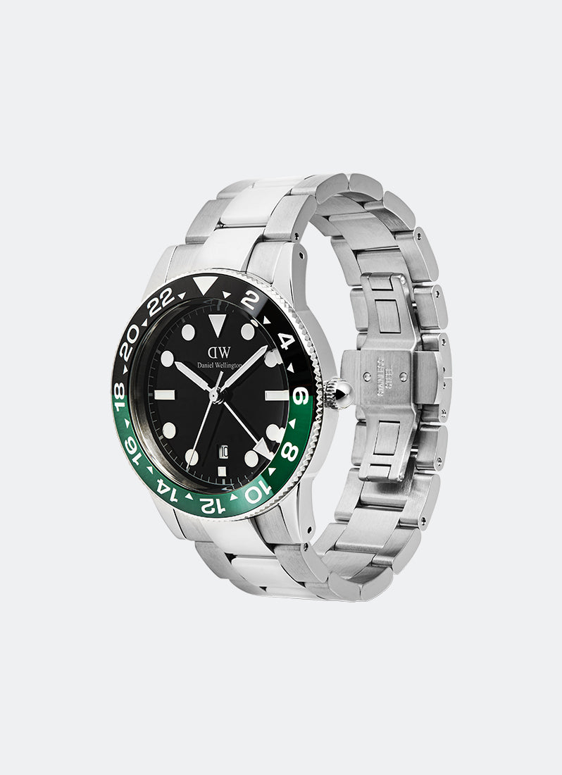 Jam Tangan Daniel Wellington Iconic GMT Link Black Green Ceramic Bezel Silver (40mm) DW00100920 