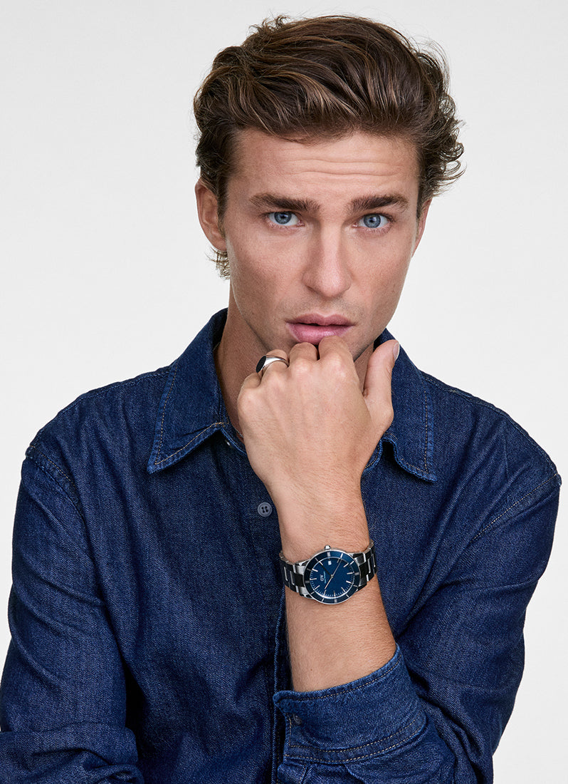 Jam Tangan Daniel Wellington Iconic Paradigma Link Blue Enamel Blue Bezel Silver (40) DW00100820