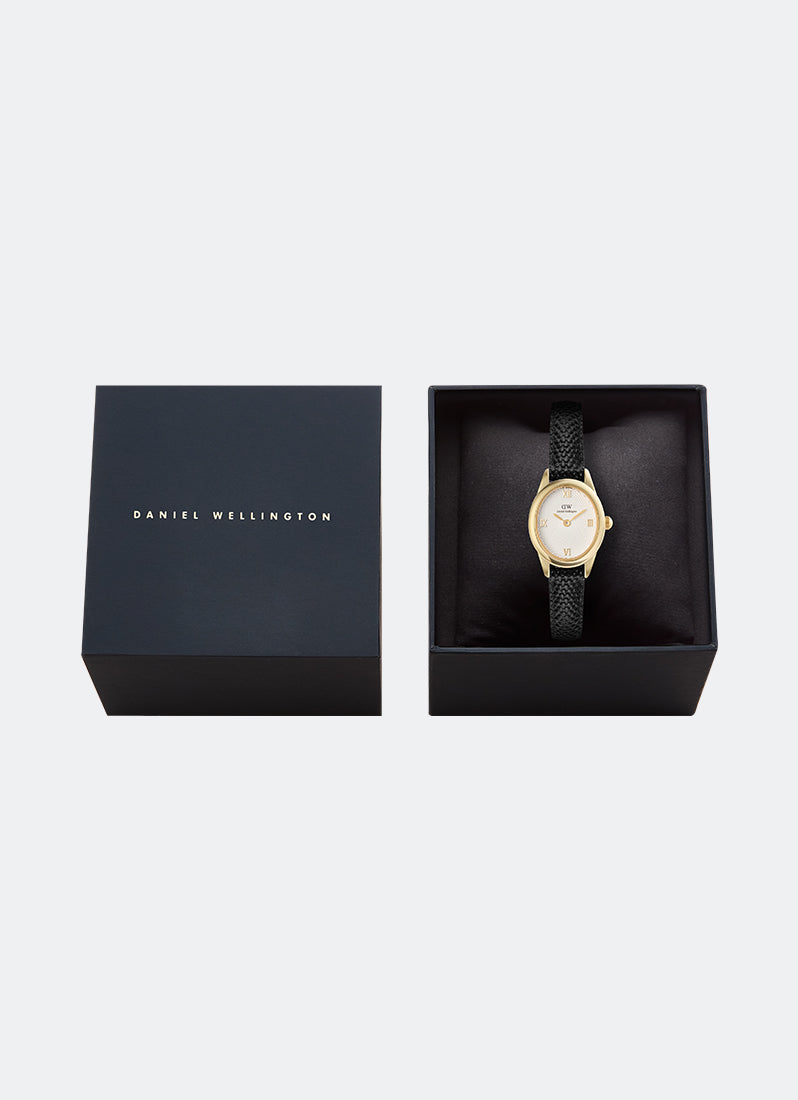 Jam Tangan Daniel Wellington Ophelia Mini Black Lizard White Guilloché Gold 22mm x 25.5mm DW00100890