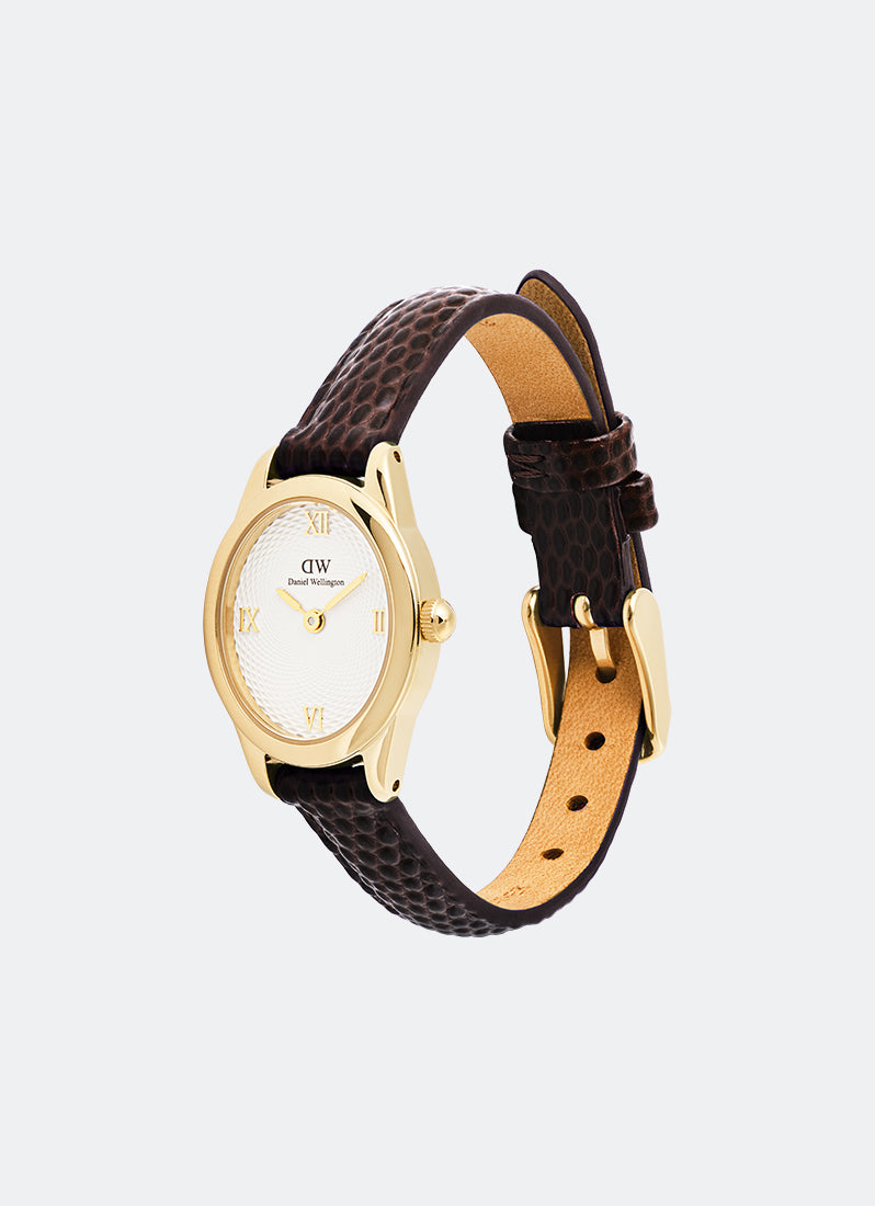 Jam Tangan Daniel Wellington Ophelia Mini Dark Brown Lizard White Guilloché Gold 22mm x 25.5mm DW00100891