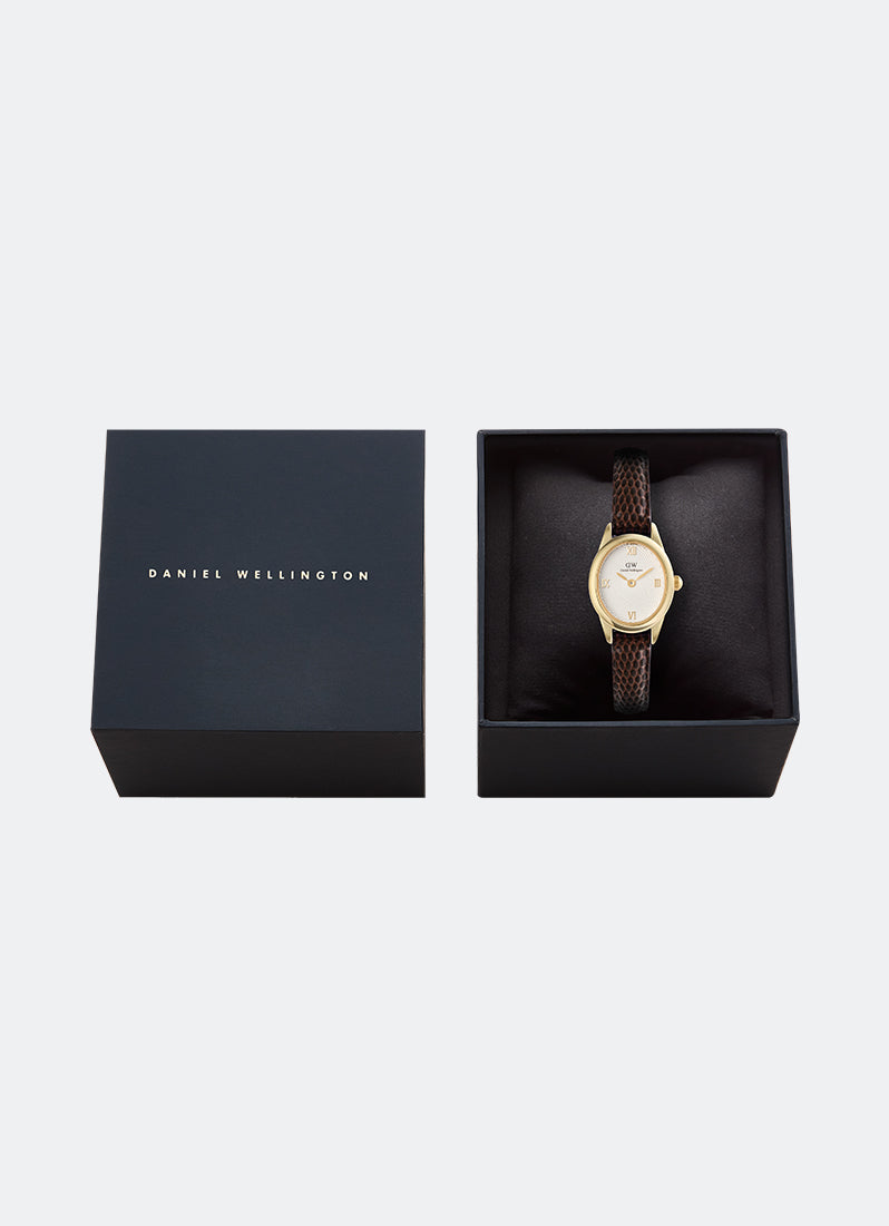 Jam Tangan Daniel Wellington Ophelia Mini Dark Brown Lizard White Guilloché Gold 22mm x 25.5mm DW00100891