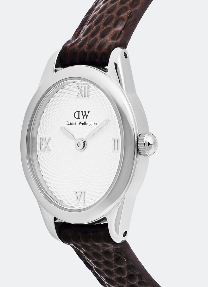 Jam Tangan Daniel Wellington Ophelia Mini Dark Brown Lizard White Guilloché Silver (22mm x 25.5mm) DW00100888