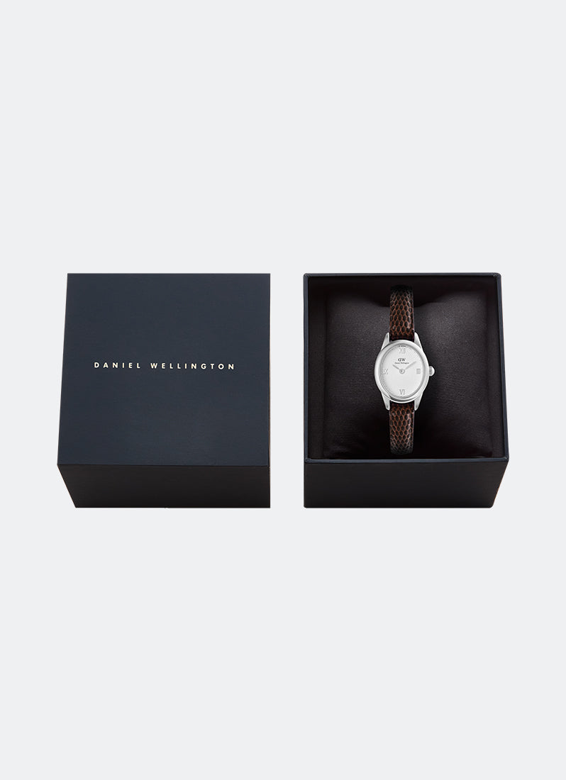 Jam Tangan Daniel Wellington Ophelia Mini Dark Brown Lizard White Guilloché Silver (22mm x 25.5mm) DW00100888