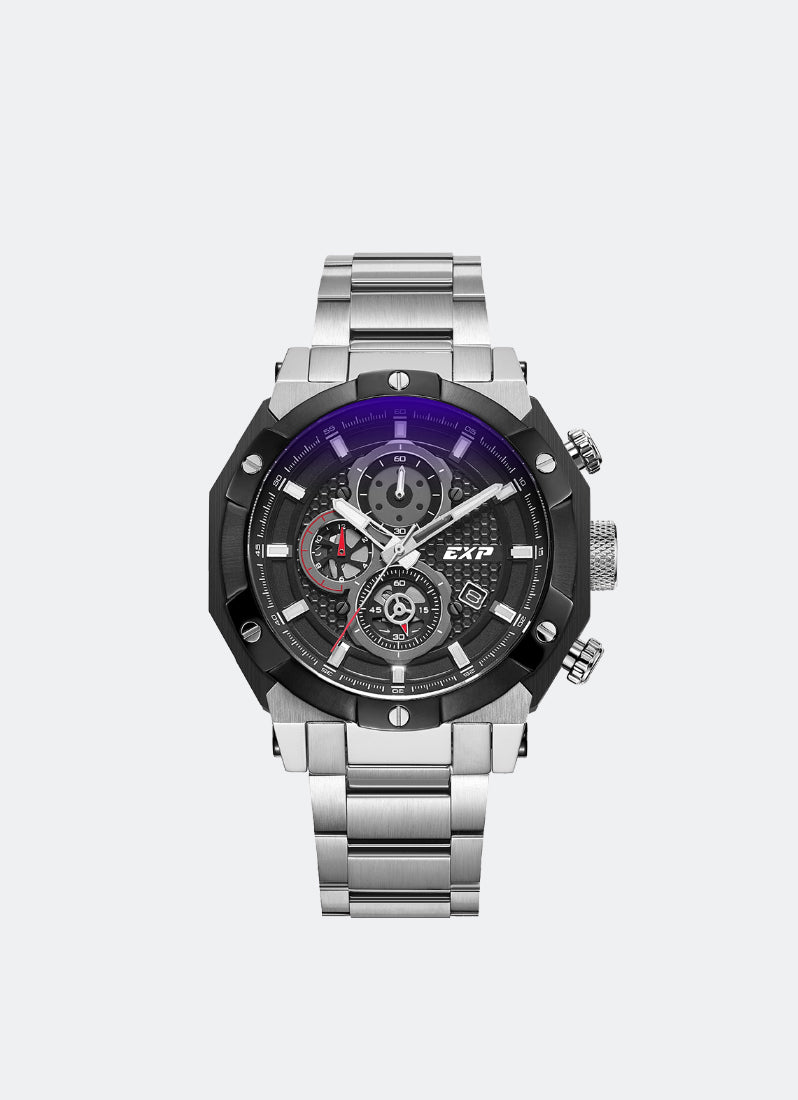 Jam Tangan Expedition Chronograph Boyfriend Quartz Band Silver Black 45.5mm EXF6385BCBTBBA