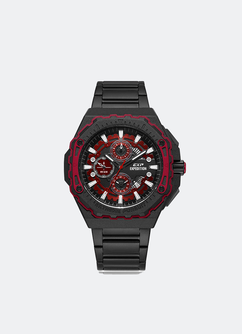Jam Tangan Expedition Chronograph Men Quartz Band Black Red 45mm E6824MCBIPRE