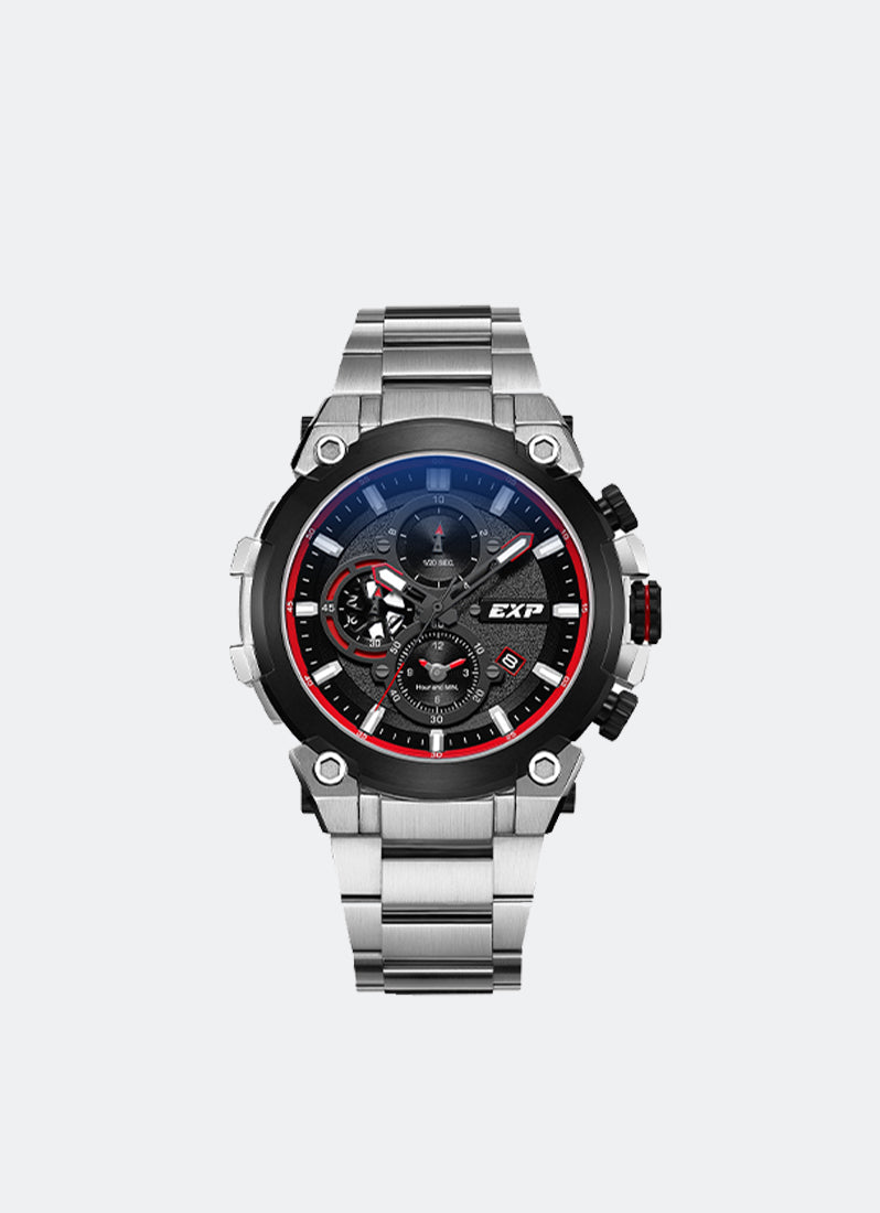 Jam Tangan Expedition Chronograph Men Quartz Band Silver Black 44mm E6841MCBTBBARE