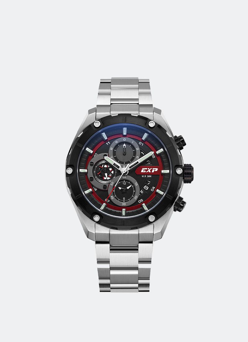Jam Tangan Expedition Chronograph Men Quartz Band Silver Black & Red 45mm E6839MCBTBBARE